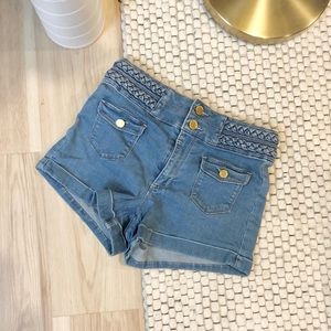 Bebe denim high waisted shorts with gold hardware